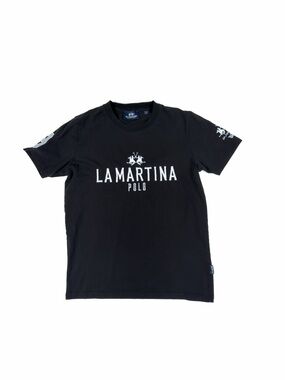 La Martina Buenos Aires Mens T-Shirt Size L Fits M Black Embroidery Polo Graphic